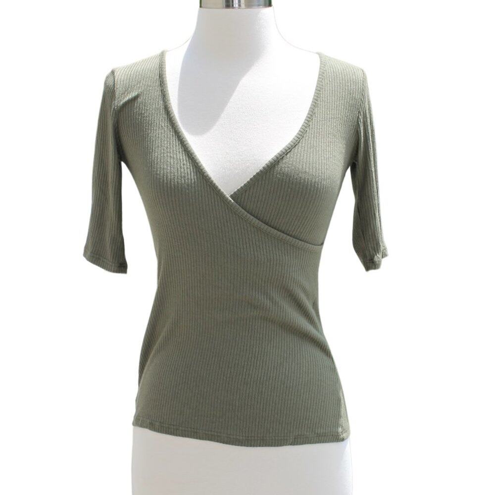 Leith Women's Faux Wrap Shirt Ribbed Stretch Fit Size XS